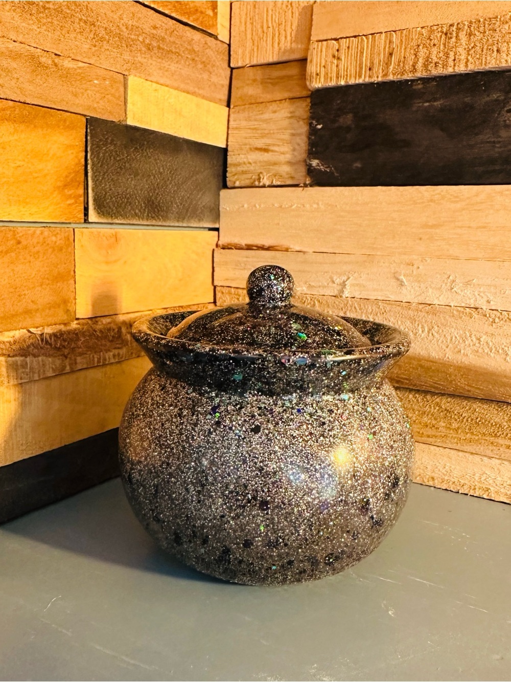 Hand Crafted Resin Glittered Ceramic Lidded Jar - Black Sparkle Finish